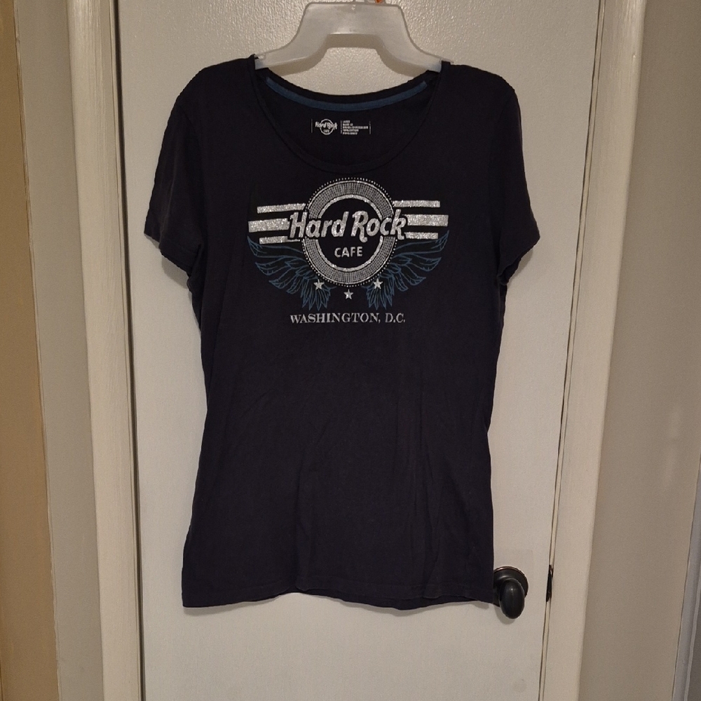 Hard Rock Cafe Women's Navy Tee with Logo Sz L